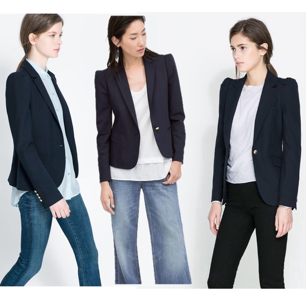 Zara Black single breasted tailored cinched puff sleeve blazer fits like a M/L